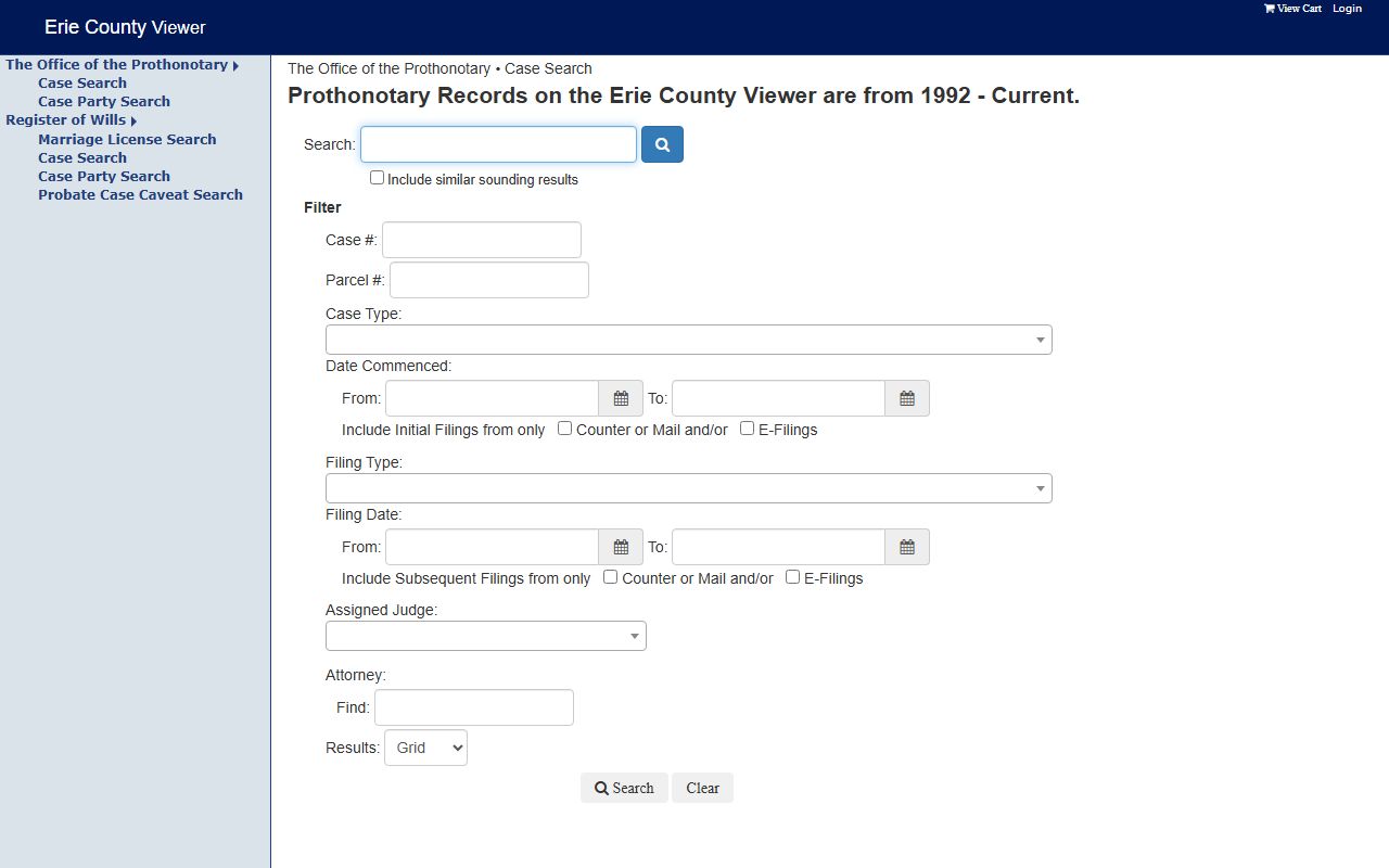 Erie County CourtPro online case management system for probate and estate records