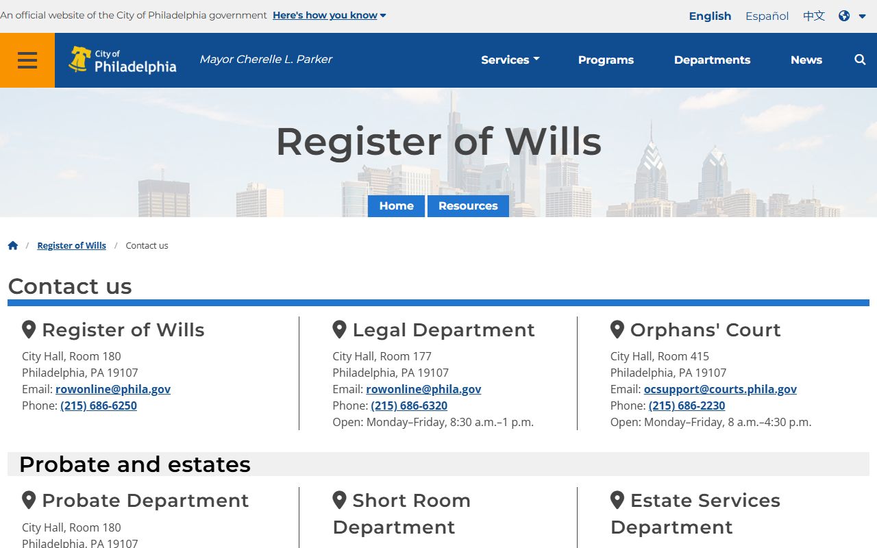 Philadelphia Register of Wills office contact information for probate records