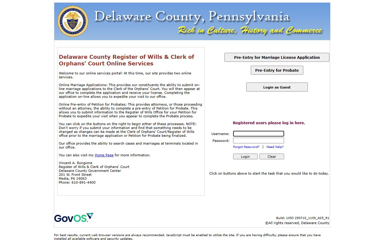 Delaware County Online Pre-Entry System for Upper Darby probate court records