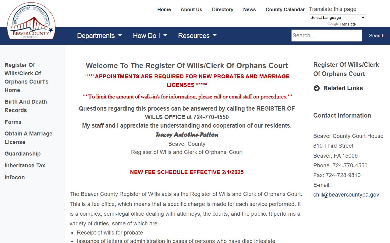 beaver county register of wills official website probate court records