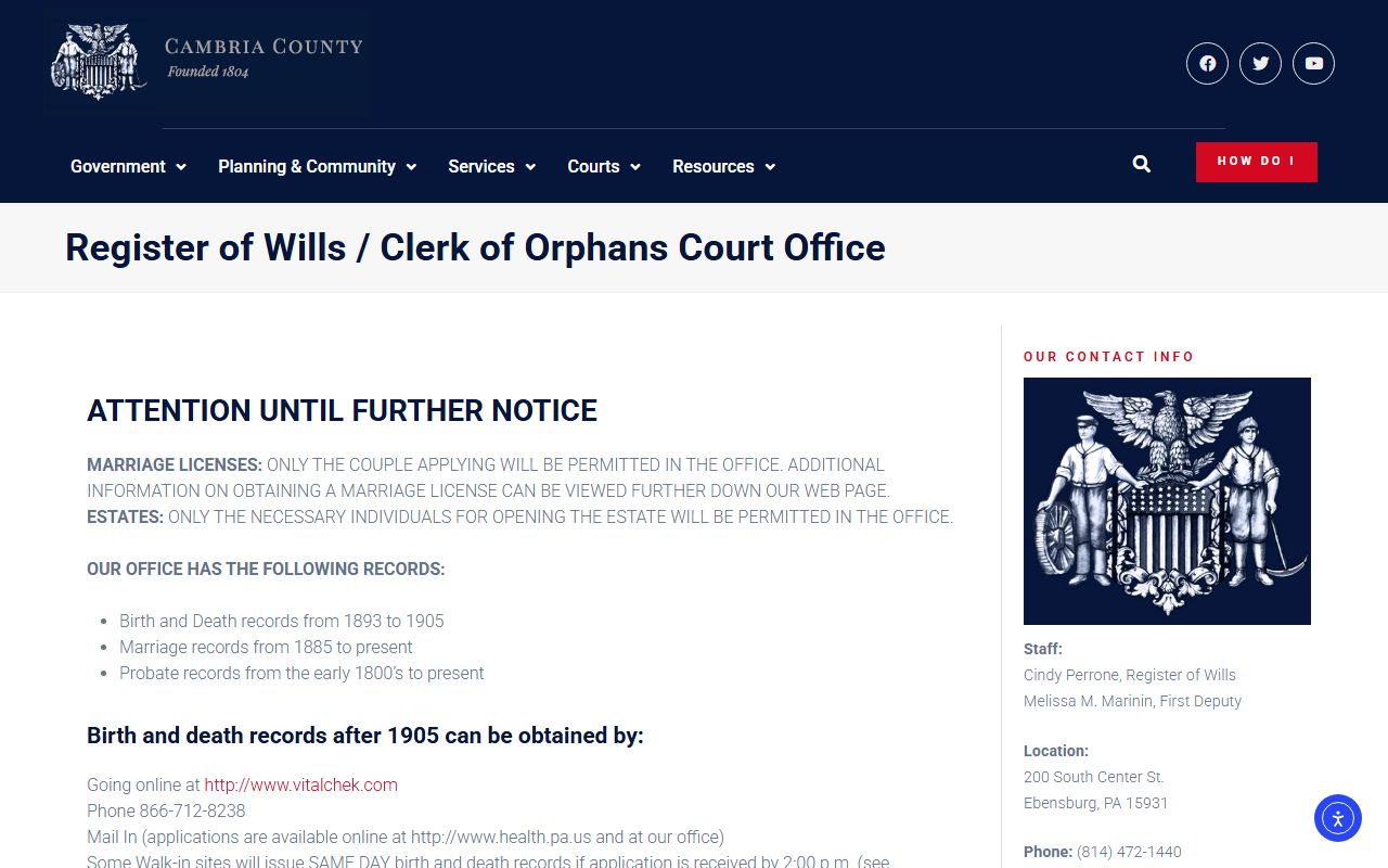 Cambria County Register of Wills and Clerk of Orphans Court office page
