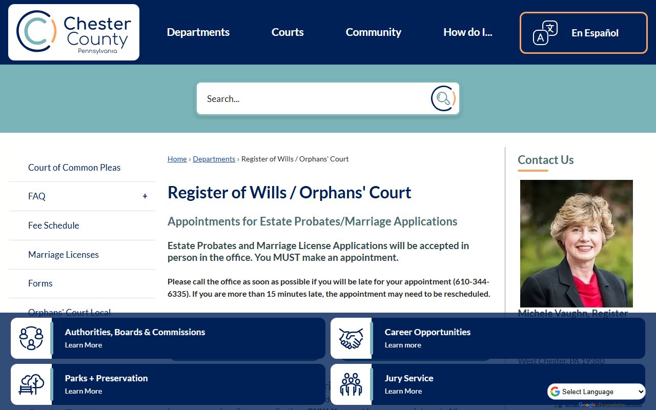 Chester County Register of Wills and Orphans Court official page