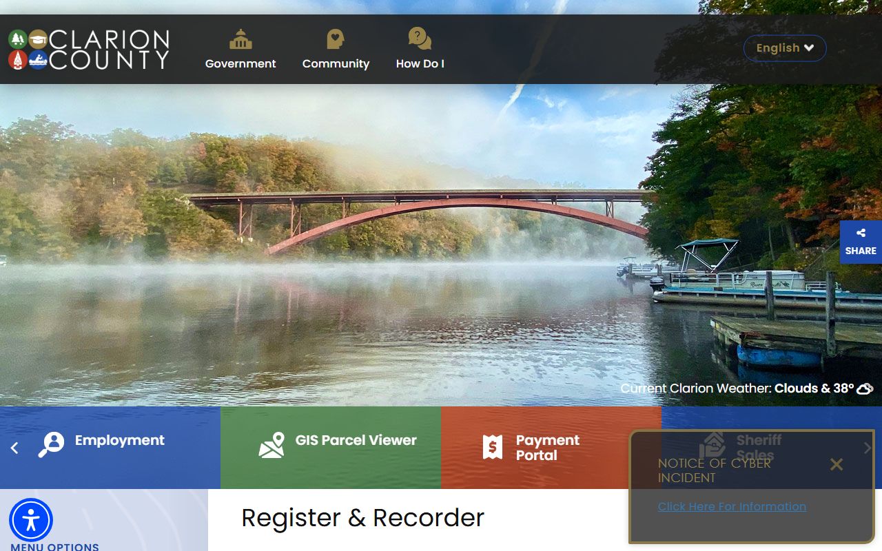 Clarion County Register and Recorder office page showing contact information and services