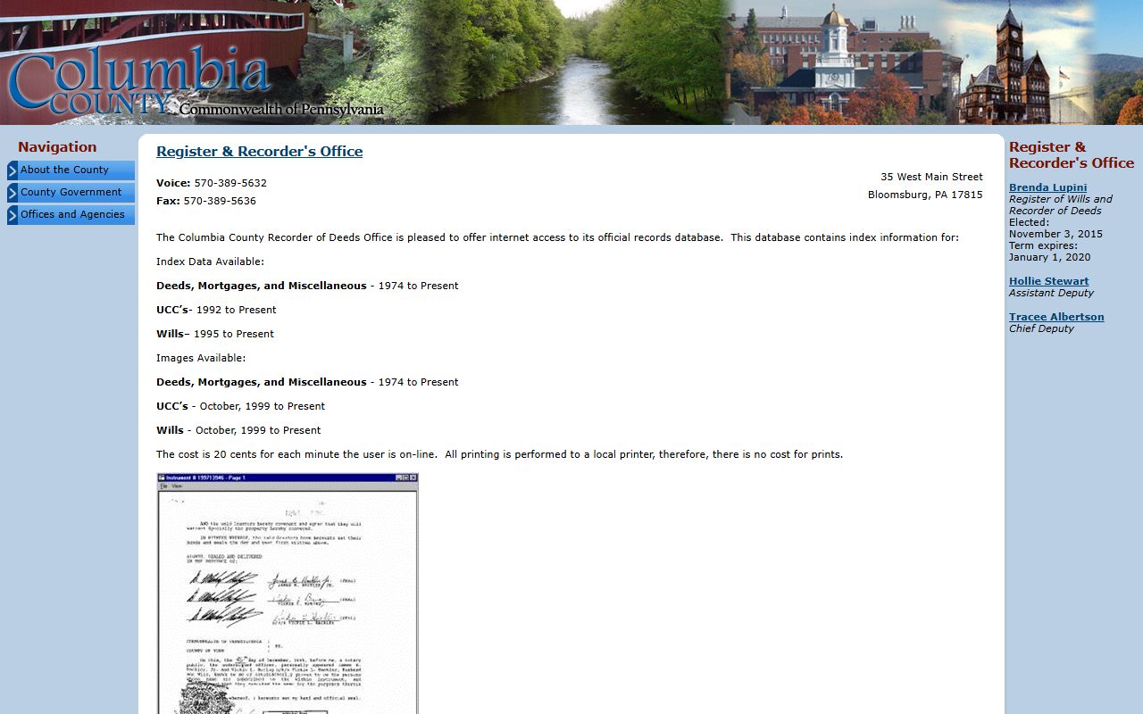 Columbia County Register and Recorder online records page showing LANDEX access options