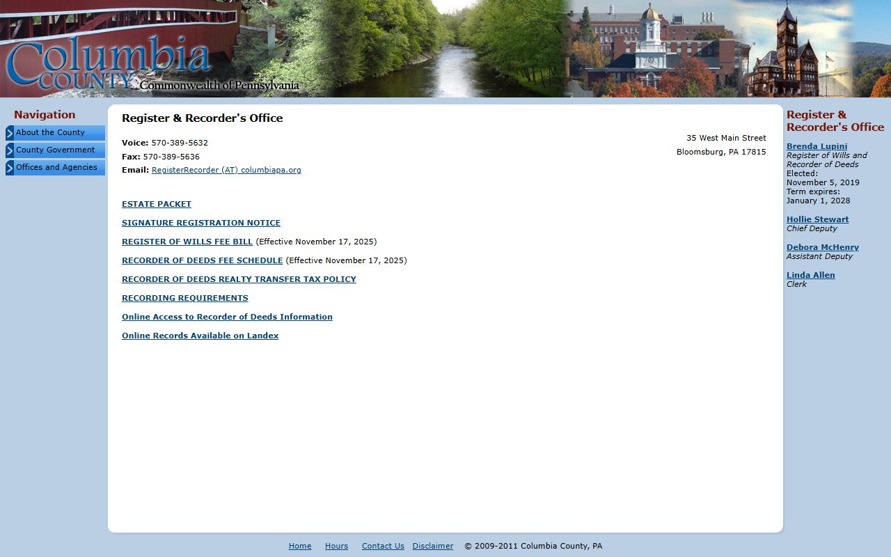 Columbia County Register and Recorder main page with contact information and office overview