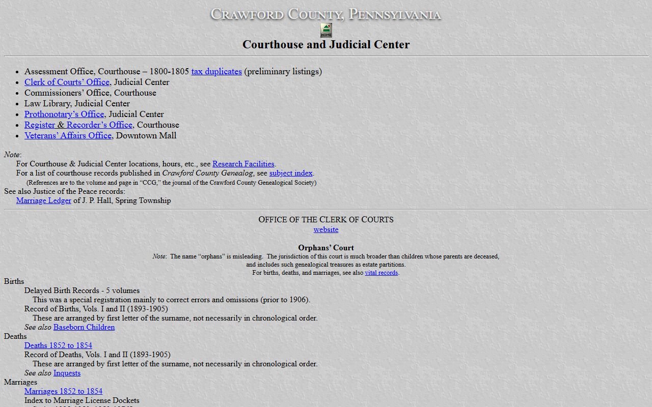 Crawford County court records page showing available probate and orphans court resources