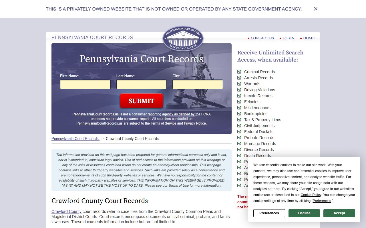 Crawford County probate court records reference page with additional research guidance