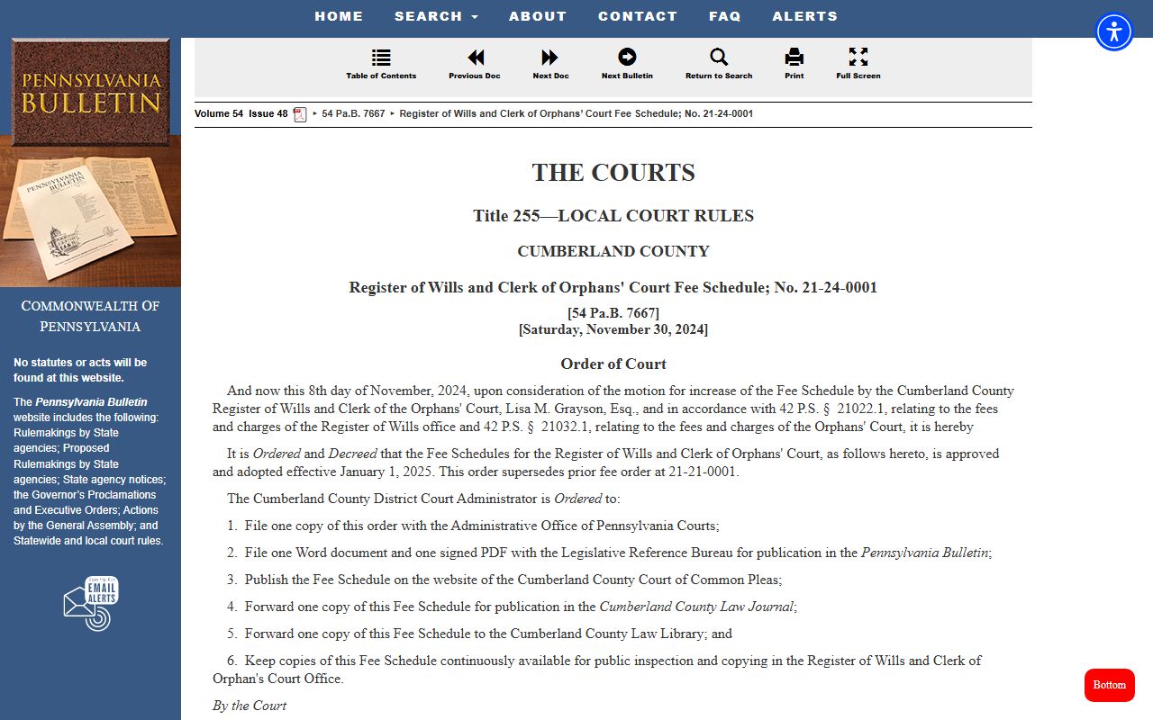 Cumberland County probate fee schedule effective January 2025 Pennsylvania
