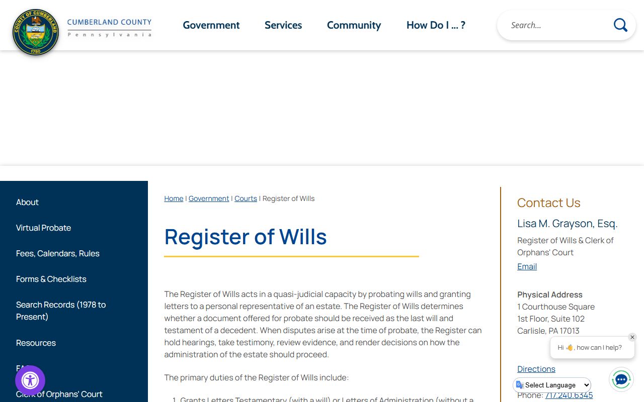 Cumberland County Register of Wills office probate court records Carlisle PA