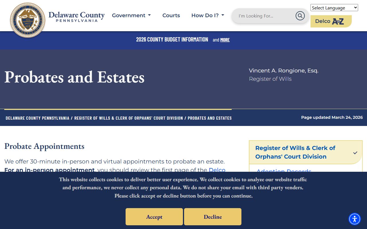 Delaware County probates and wills Register of Wills Media Pennsylvania