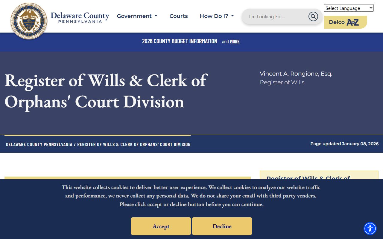 Delaware County Register of Wills Media PA probate court records