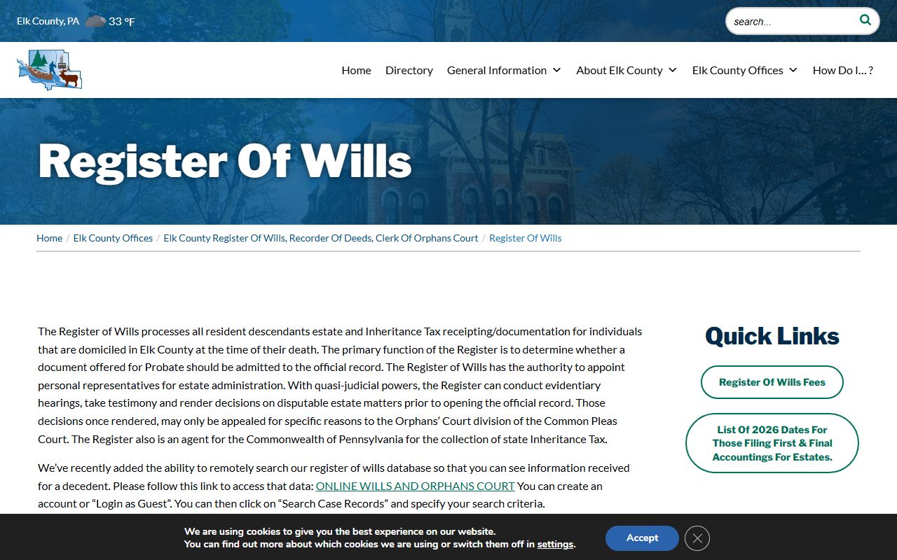 Elk County probate information estate opening Register of Wills Ridgway