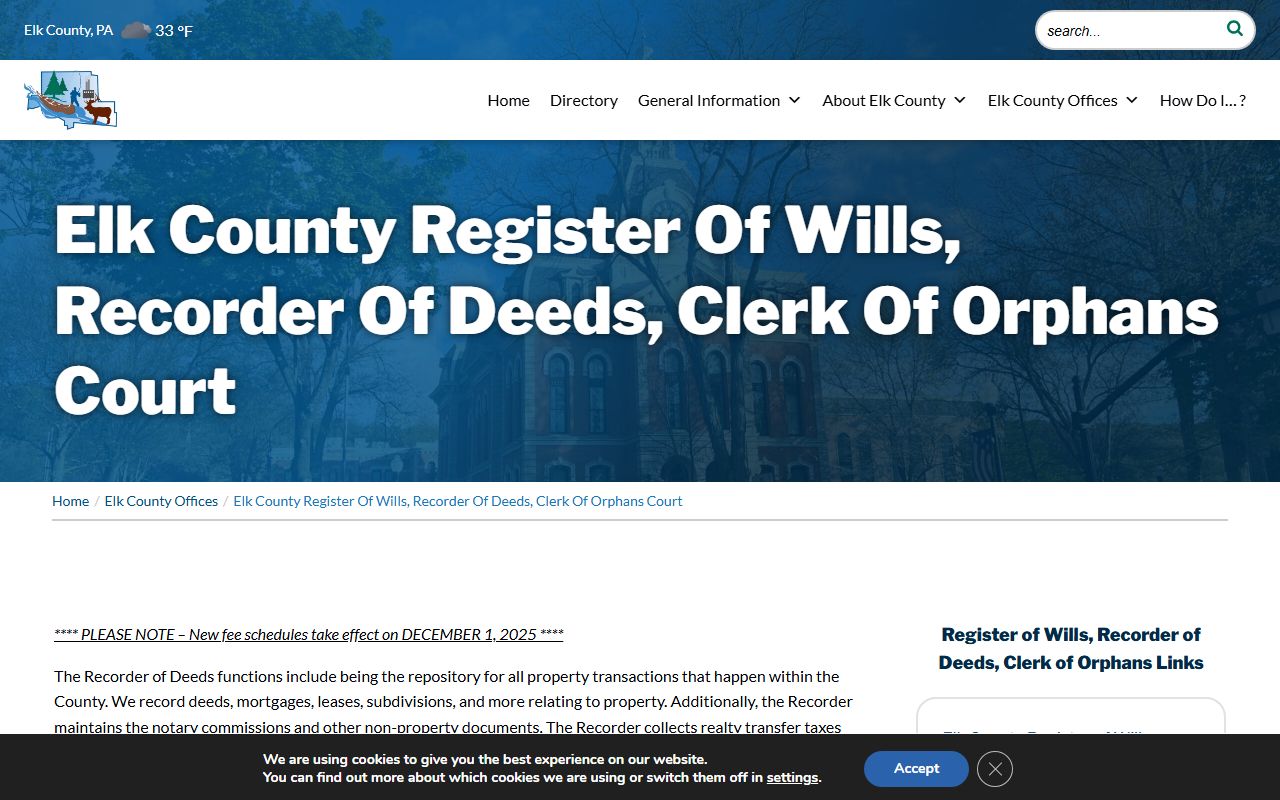 Elk County Register of Wills Ridgway PA probate court records