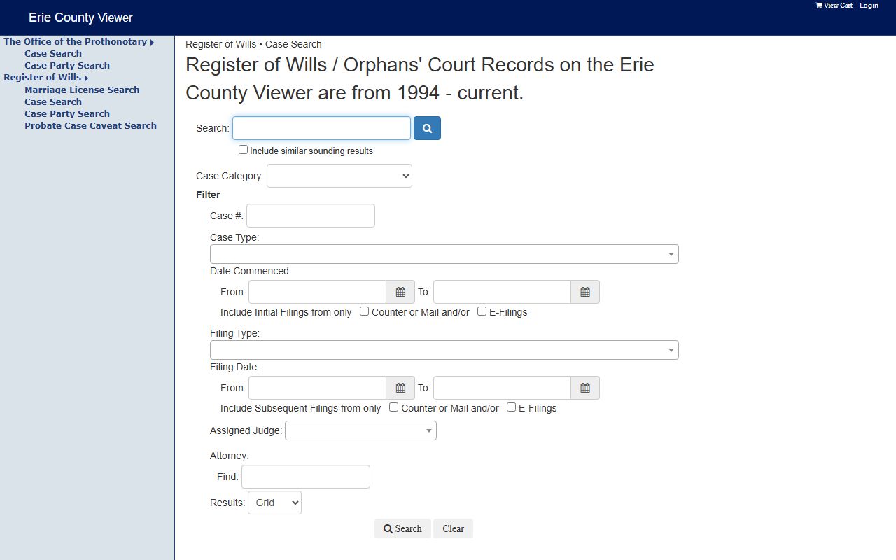 Erie County CourtPro online search probate estates court records