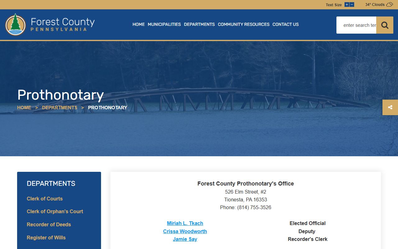 Forest County Prothonotary office Tionesta PA probate court records