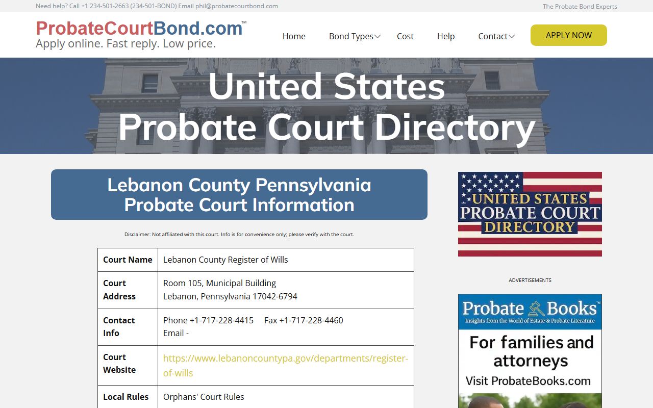 Lebanon County Register of Wills probate court records