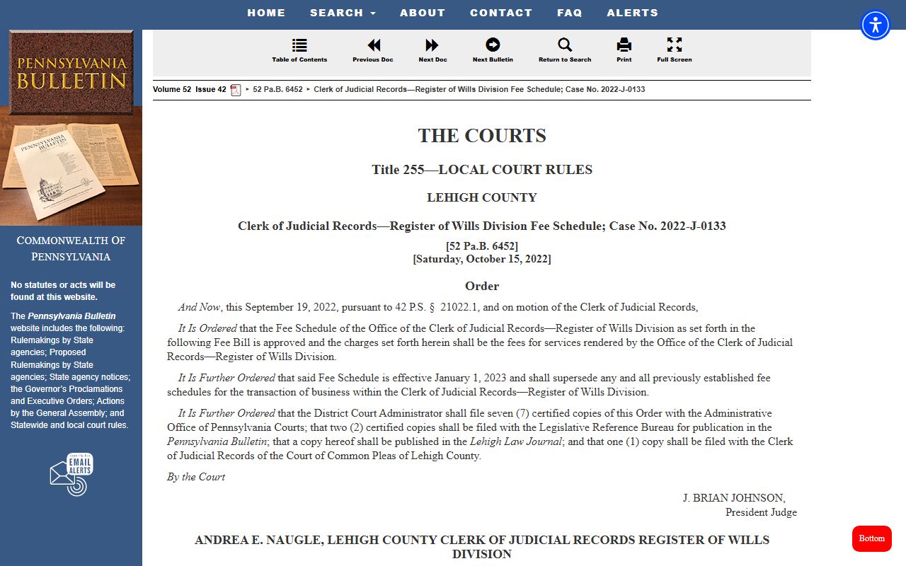 Lehigh County probate court fee schedule Pennsylvania Bulletin