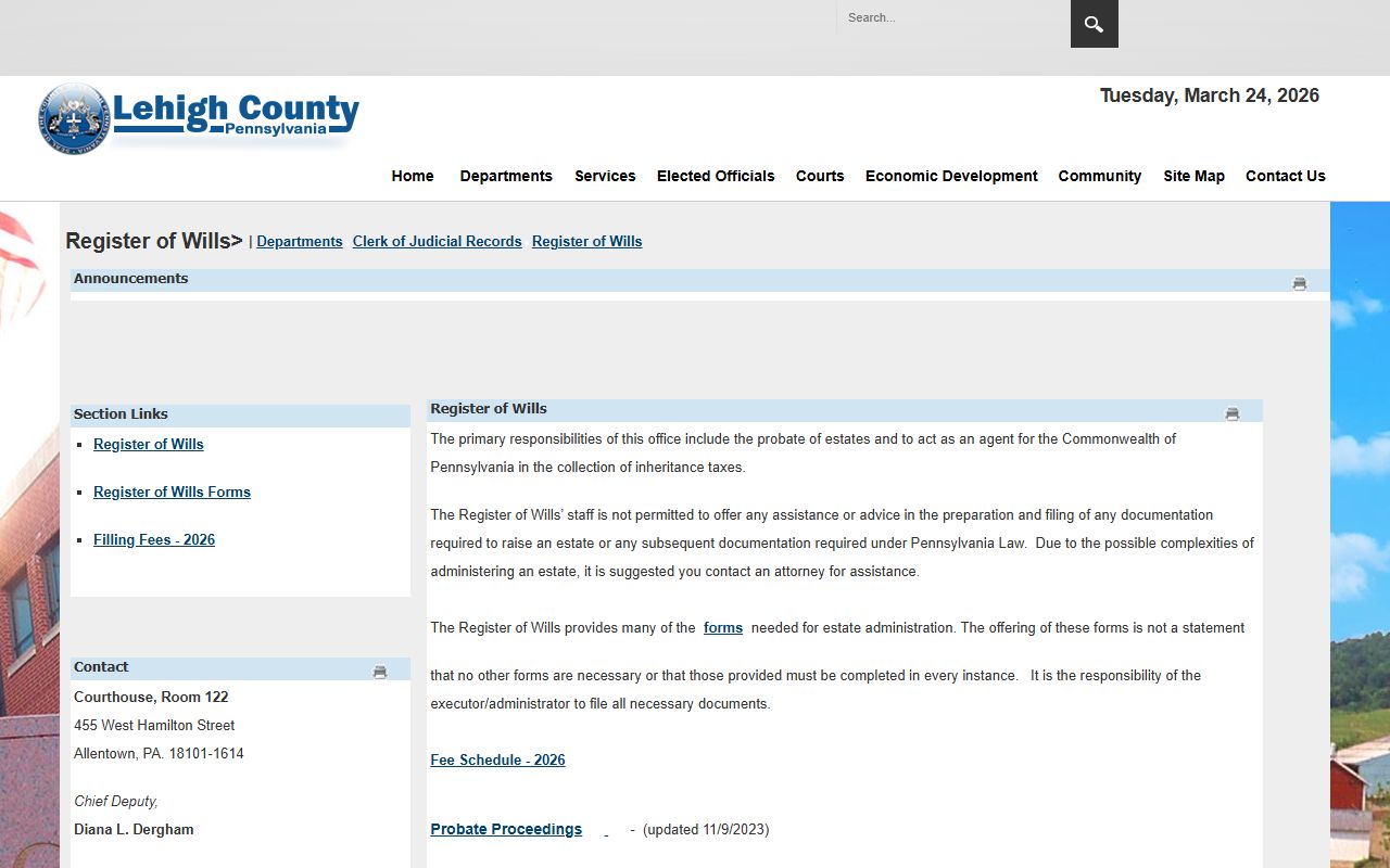 Lehigh County Register of Wills probate court records Allentown