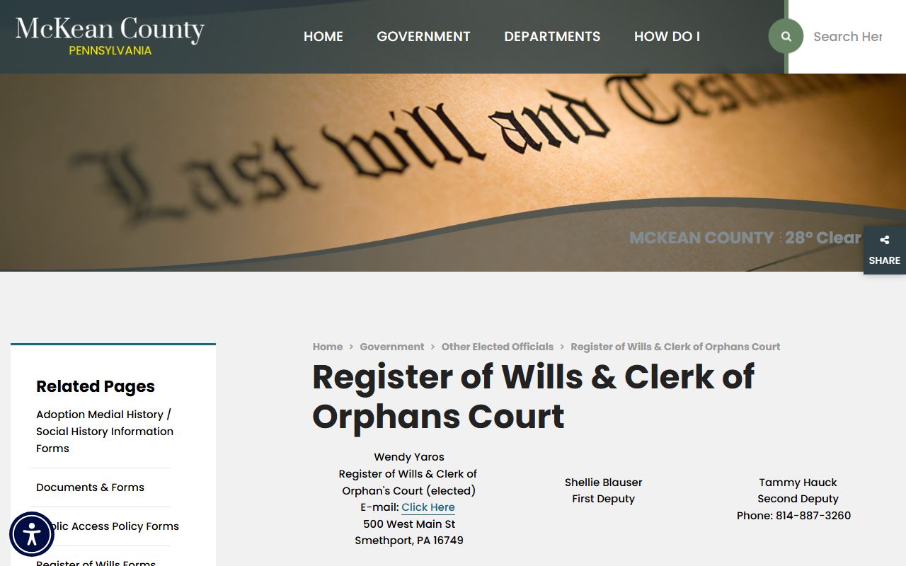 McKean County Register of Wills and Clerk of Orphans Court office page