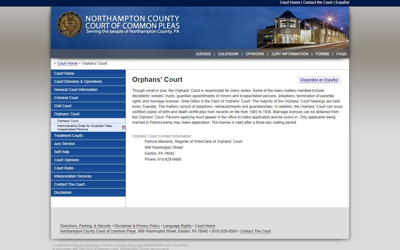 Northampton County Orphans Court page showing estate and probate services in Easton Pennsylvania