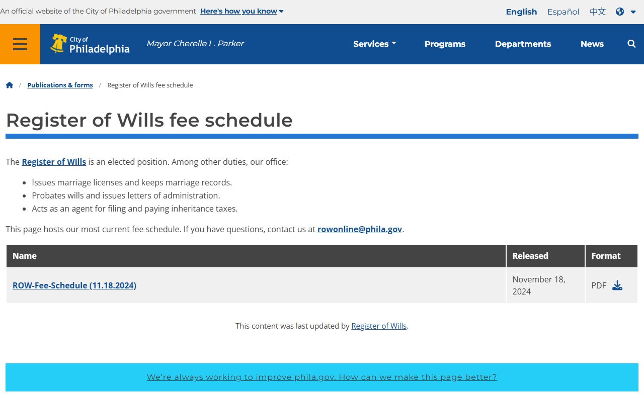 Philadelphia Register of Wills fee schedule document