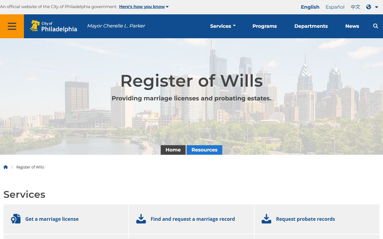 Philadelphia Register of Wills official department page