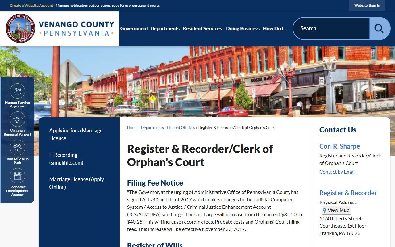 Venango County Register and Recorder office page showing probate court records information