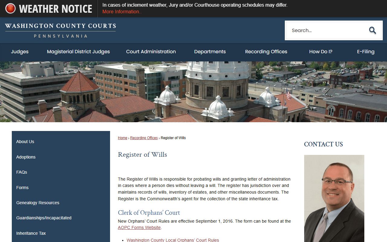 Washington County Register of Wills page with probate court records information and online access options