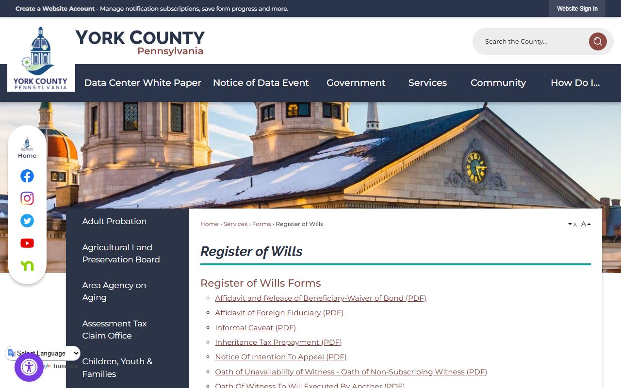 York County Register of Wills page showing probate court records services and online search access