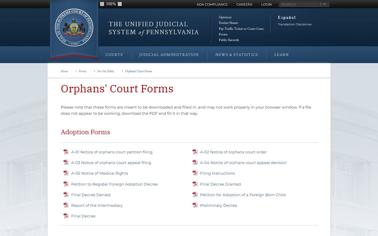 Administrative Office of Pennsylvania Courts Orphans Court forms for probate records