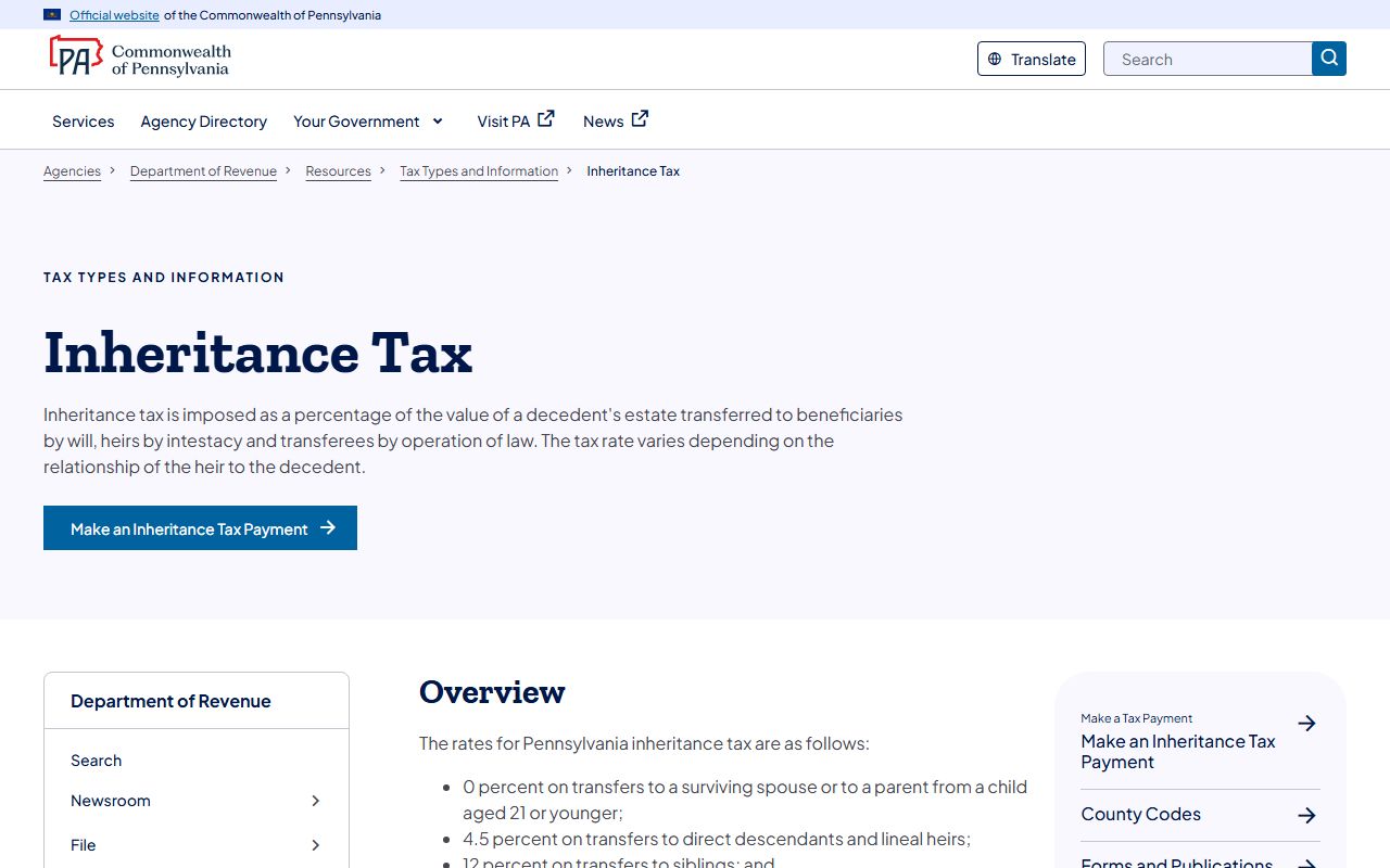 Pennsylvania Department of Revenue inheritance tax information page for probate court records
