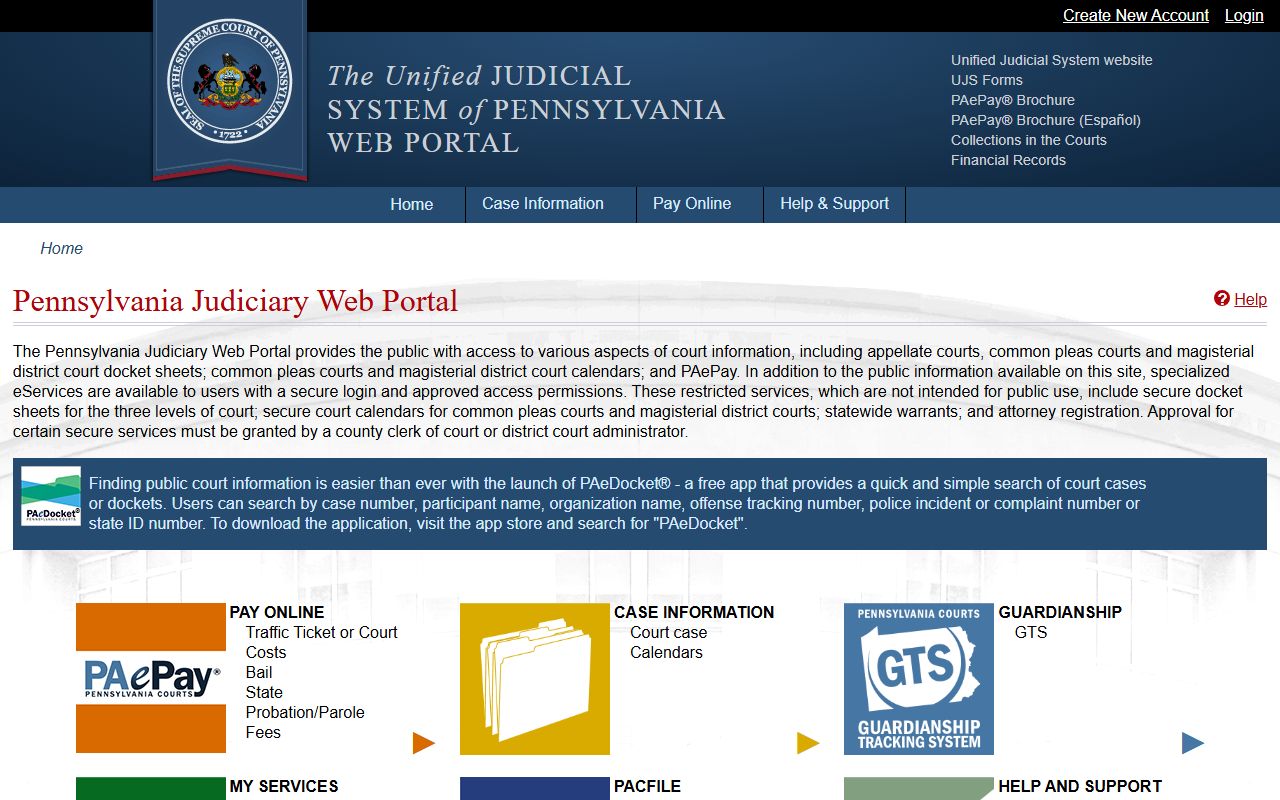 Pennsylvania Unified Judicial System portal for searching probate court records